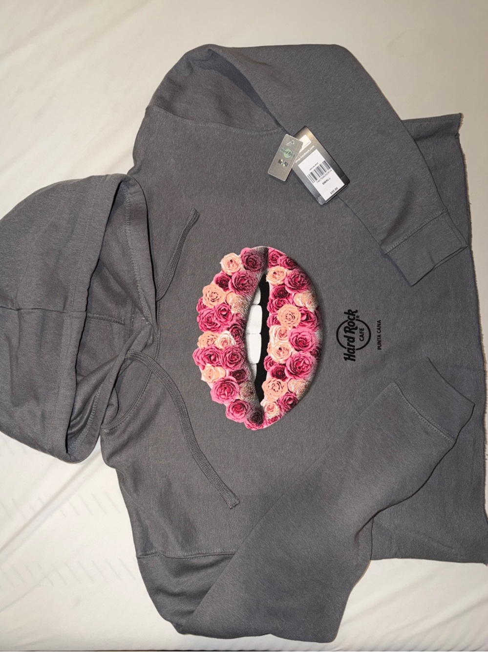 Hard Rock Cafe Gray Hoodie with Pink Floral Lips Graphic